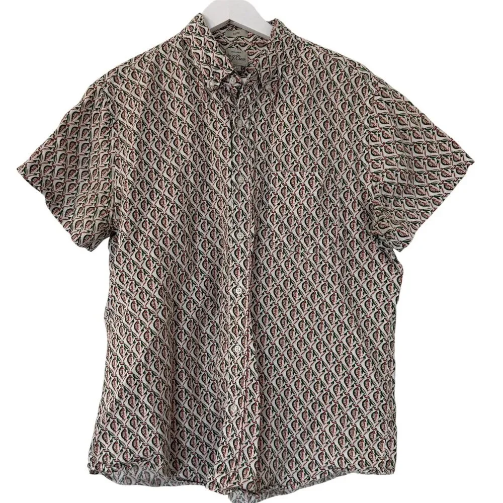 J.Crew Men's Linen Button Up Shirt Short Sleeve Casual Summer Slim Fit Size L